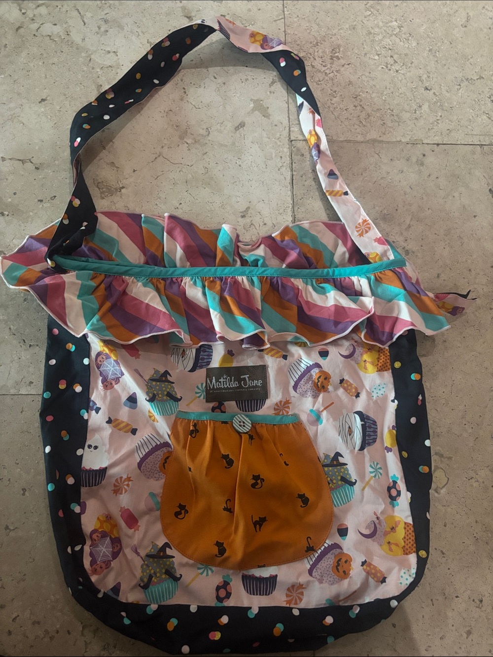 Matilda Jane Multicolor Cupcake Ruffle Tote with Mustard Front Pocket